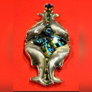 Sajen Vintage Rare Sterling Silver, Abalone, Caribbean Quartz, Moonstone Pendant